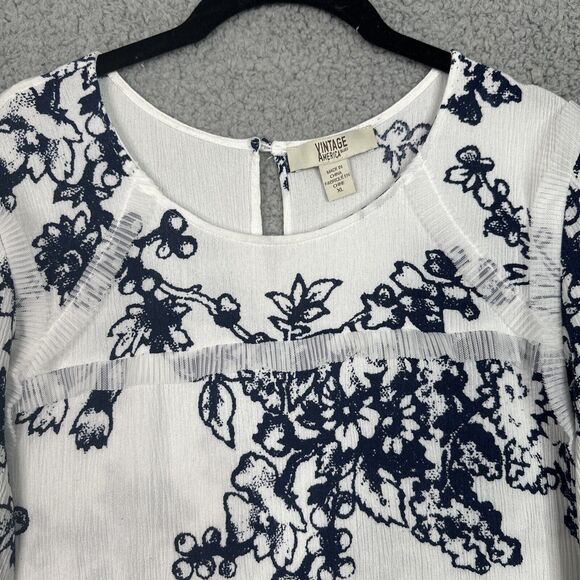 VTG  America Blues White Blue Floral Blouse XL Crinkle Texture Boho Tunic Top - Picture 4 of 12